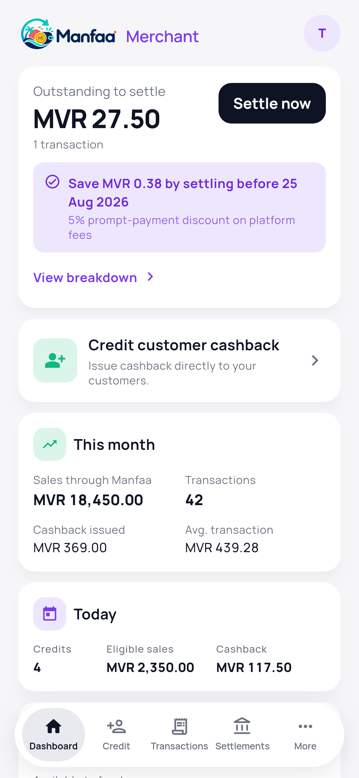 The Manfaa Merchant app dashboard